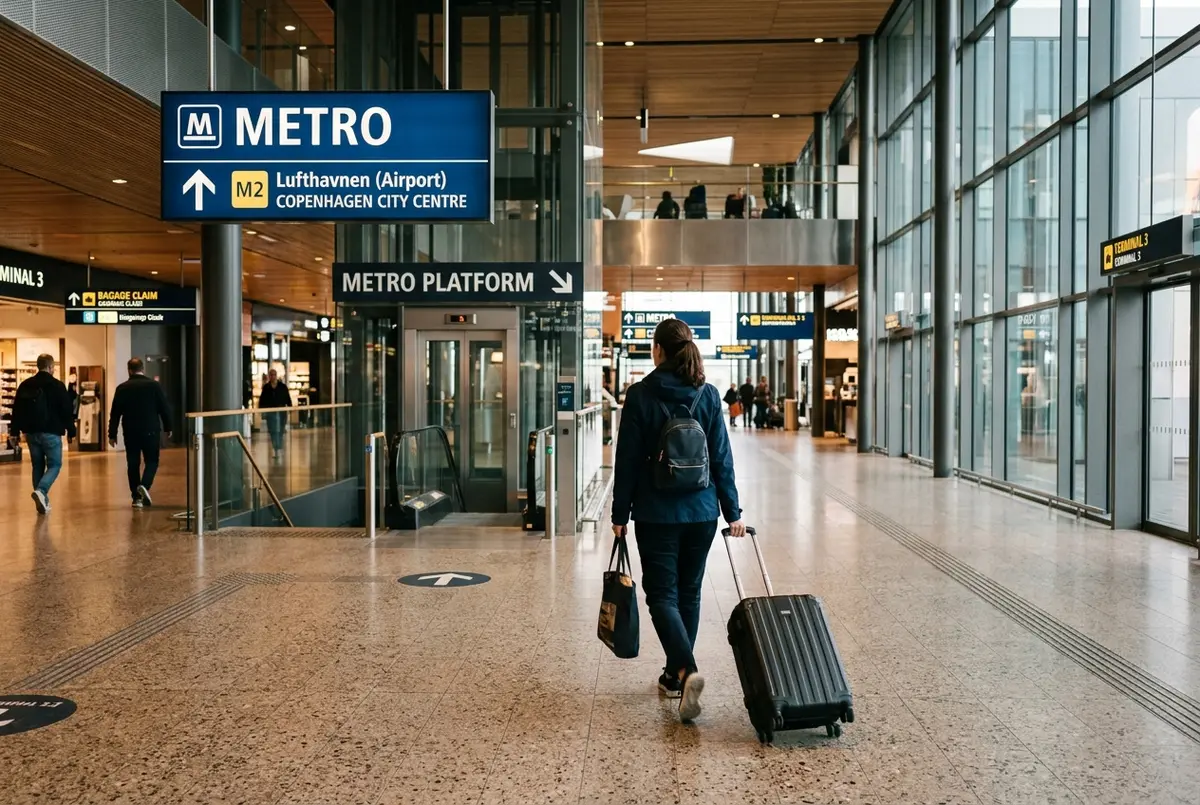 Traveler with a rolling suitcase walking toward a Copenhagen Metro platform sign inside the airport terminal, copenhagen airport to city centre