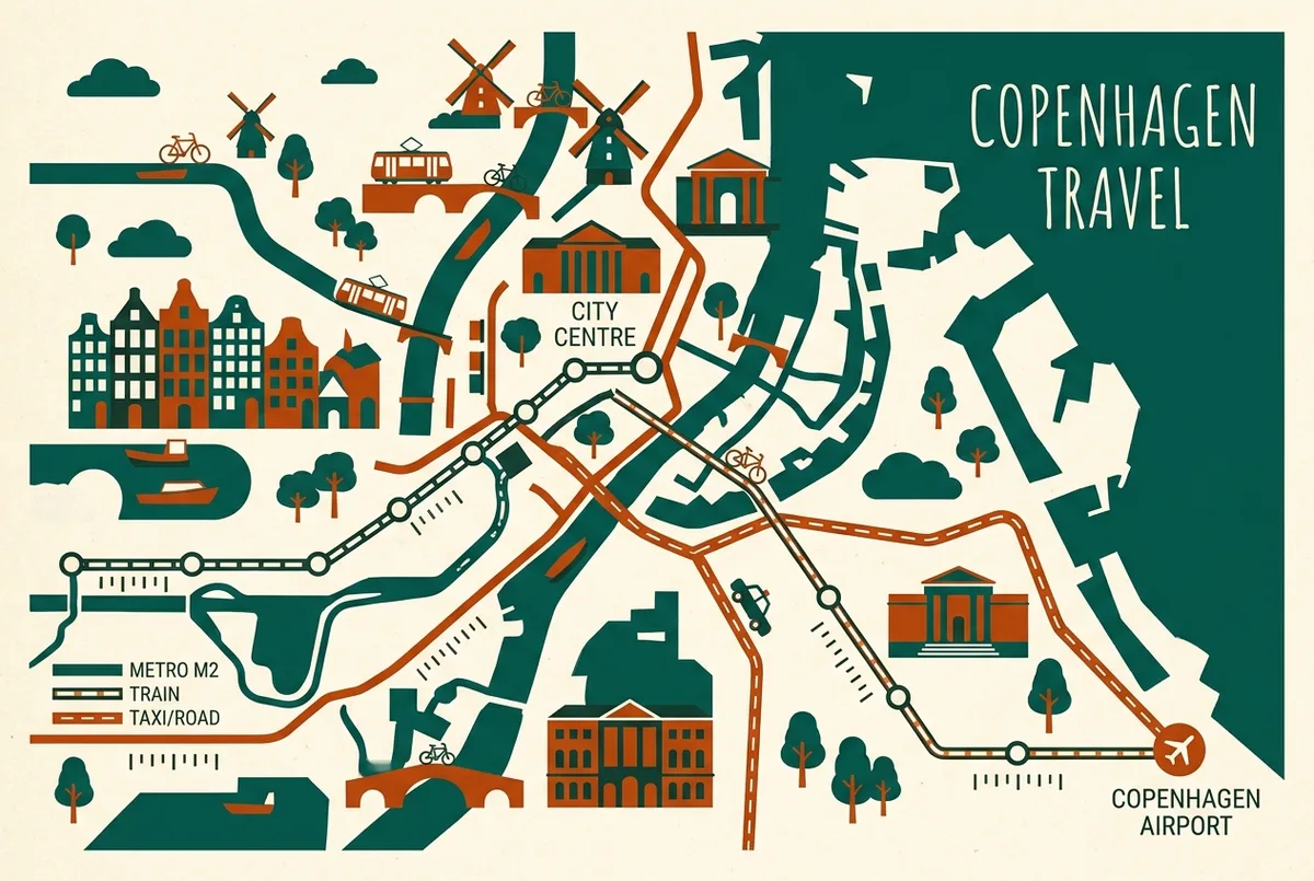 Simple infographic map showing Copenhagen Airport connected to the city centre by Metro M2 line, train and taxi route with generic distance labels
