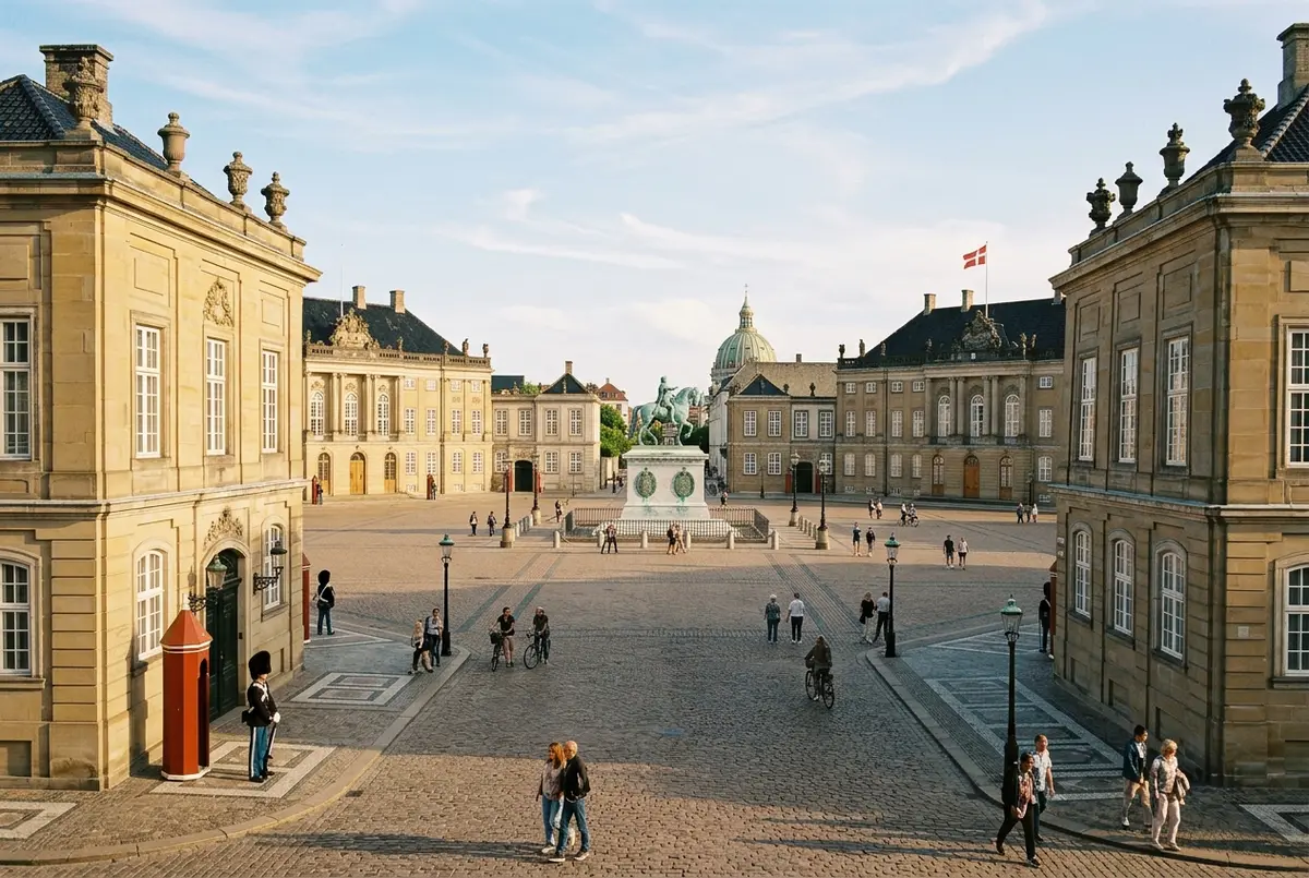 Wide view of Amalienborg Palace's octagonal square in Copenhagen with the four matching rococo mansions and the equestrian statue at golden hour, amalienborg palace copenhagen