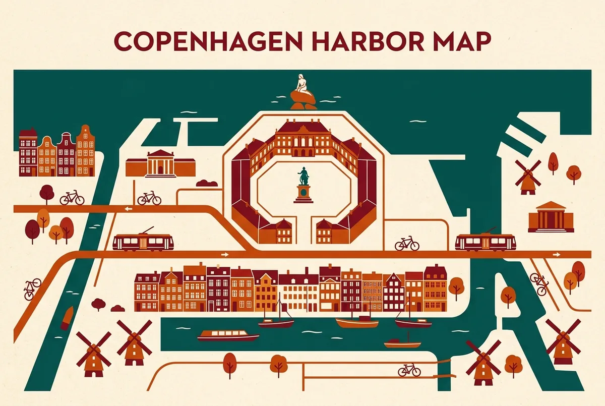 Simple map style infographic showing Amalienborg Palace's location on the Copenhagen harbor front relative to Nyhavn and the Little Mermaid statue
