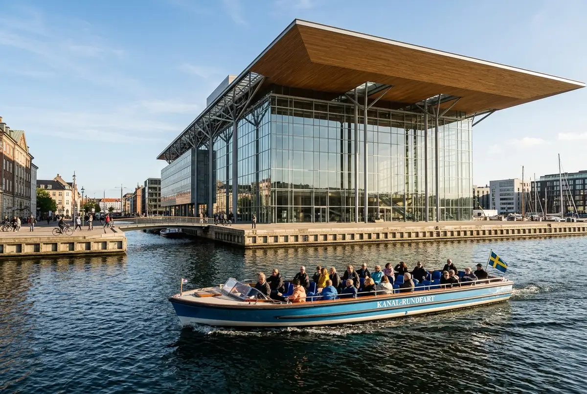 Sightseeing boat passing the glass and steel facade of the Copenhagen Opera House on a clear afternoon, copenhagen architecture boat tour