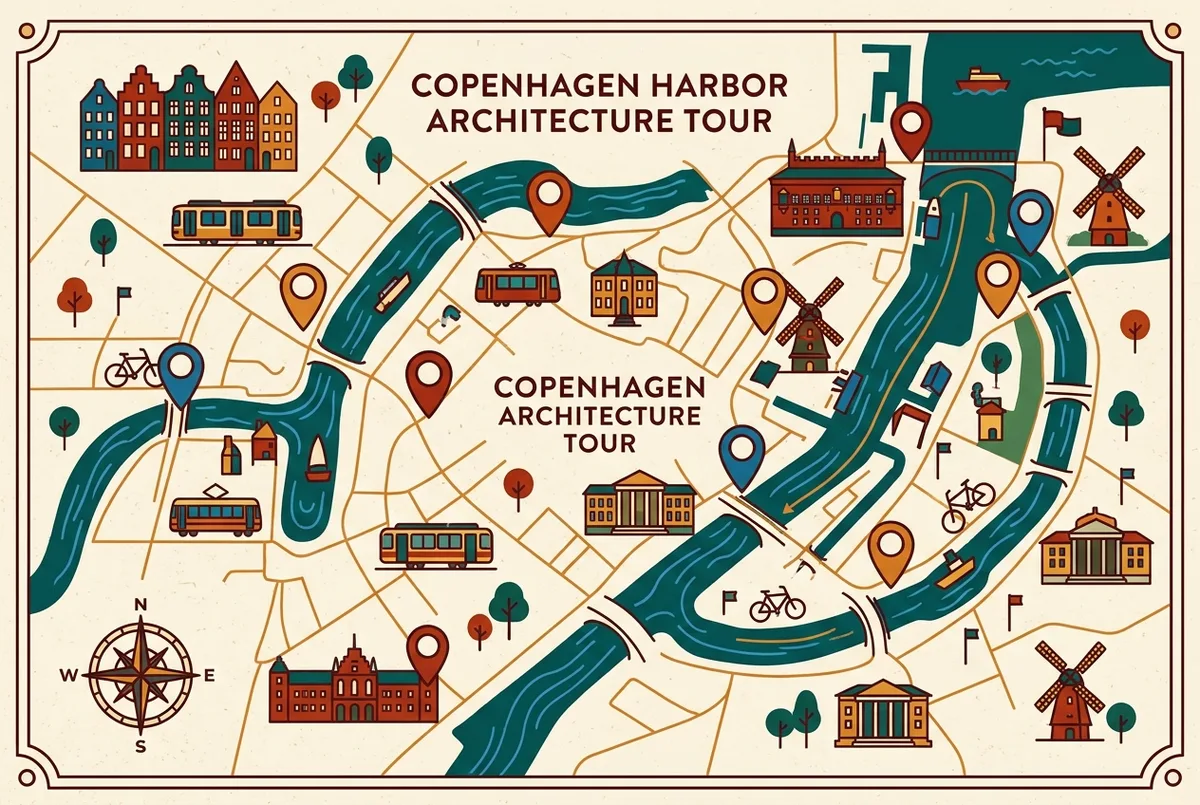 Simple map style infographic showing a Copenhagen architecture boat tour route with labeled pins for the Opera House, BLOX and the Black Diamond along the harbor