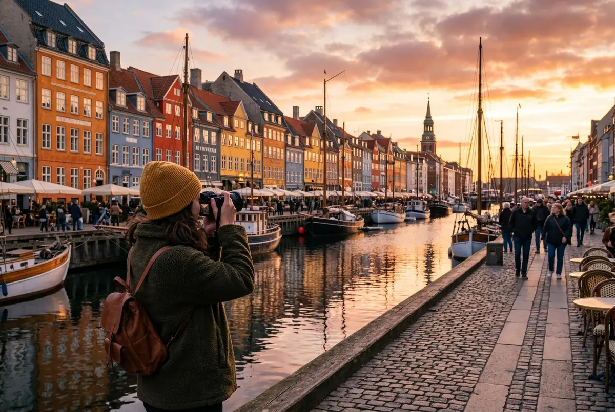 Traveler photographing golden hour light on Copenhagen's harbor from the deck of a canal tour boat, best time for a copenhagen canal tour