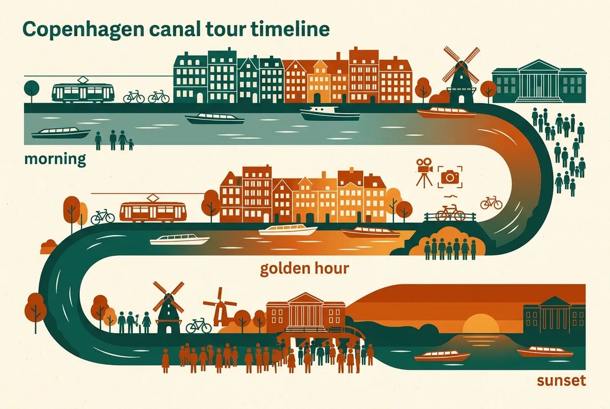 Simple chart style infographic showing a Copenhagen canal tour timeline from morning through golden hour to sunset, with icons for calm water, crowds and best photo light