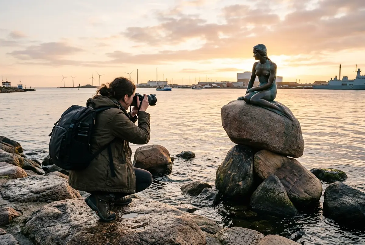 Solo traveler photographing the little mermaid statue alone on the harbor rocks at sunrise with soft golden light and no crowds, best time to visit the little mermaid statue