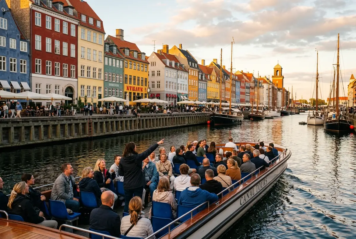 Sightseeing boat cruising through central Copenhagen canal past colorful Nyhavn townhouses at golden hour, tourists on board pointing at the waterfront, copenhagen canal tour