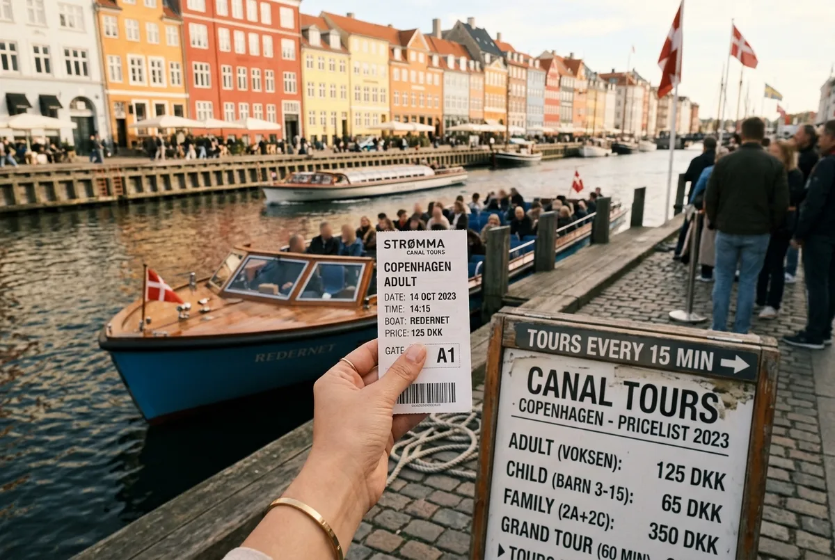 Close-up of a hand holding a boarding pass beside a Copenhagen canal tour boat at the dock, price list visible on an operator sign, copenhagen canal tour price