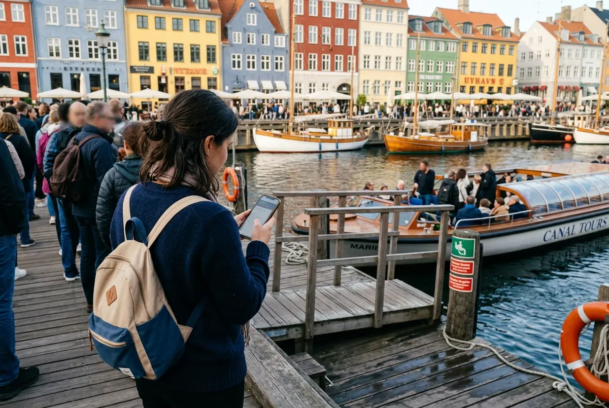 Traveler reading phone reviews on a Copenhagen canal boat tour dock at Nyhavn harbor before boarding, copenhagen boat tour reddit