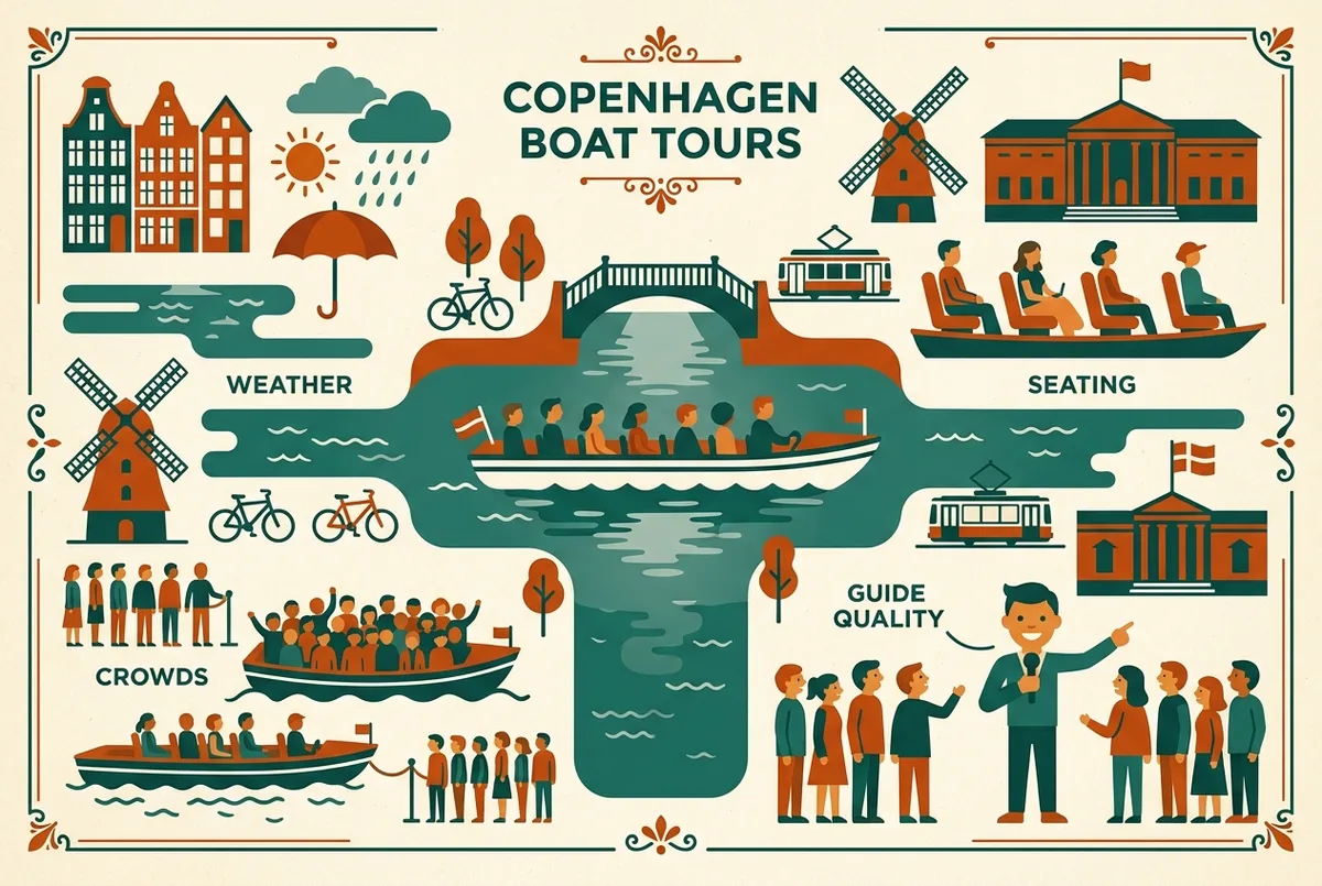 Simple infographic showing recurring traveler review themes for Copenhagen boat tours across weather, seating, crowds and guide quality, generic icons only