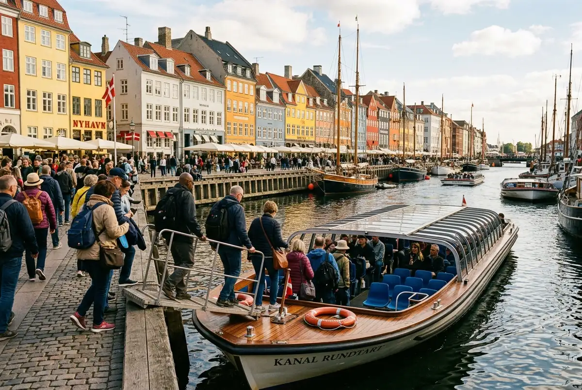 Tourists boarding a canal tour boat at Nyhavn with the colorful 17th century townhouses lining the harbor behind them, copenhagen canal tour nyhavn