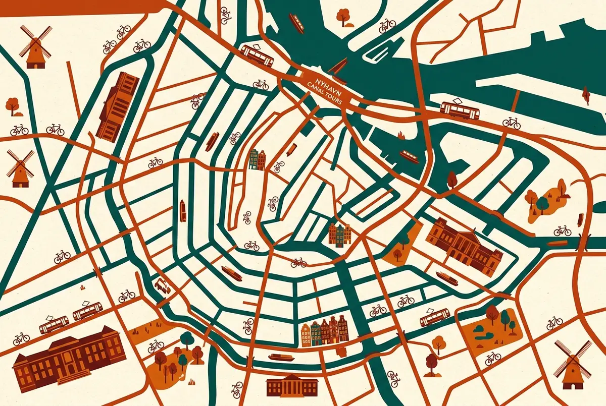 illustrated map of amsterdam highlights for Best Canal Tour Routes from Nyhavn, copenhagen canal tour nyhavn