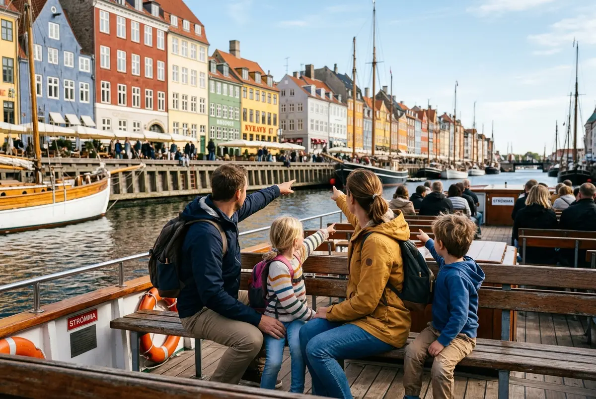 Parents and two young children sitting on the open deck of a Copenhagen canal tour boat pointing at colorful Nyhavn harbor houses, copenhagen boat tour with kids