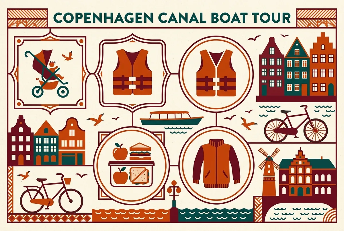Simple infographic checklist for a family Copenhagen boat tour with kids showing icons for stroller, life jacket, snacks and warm layer