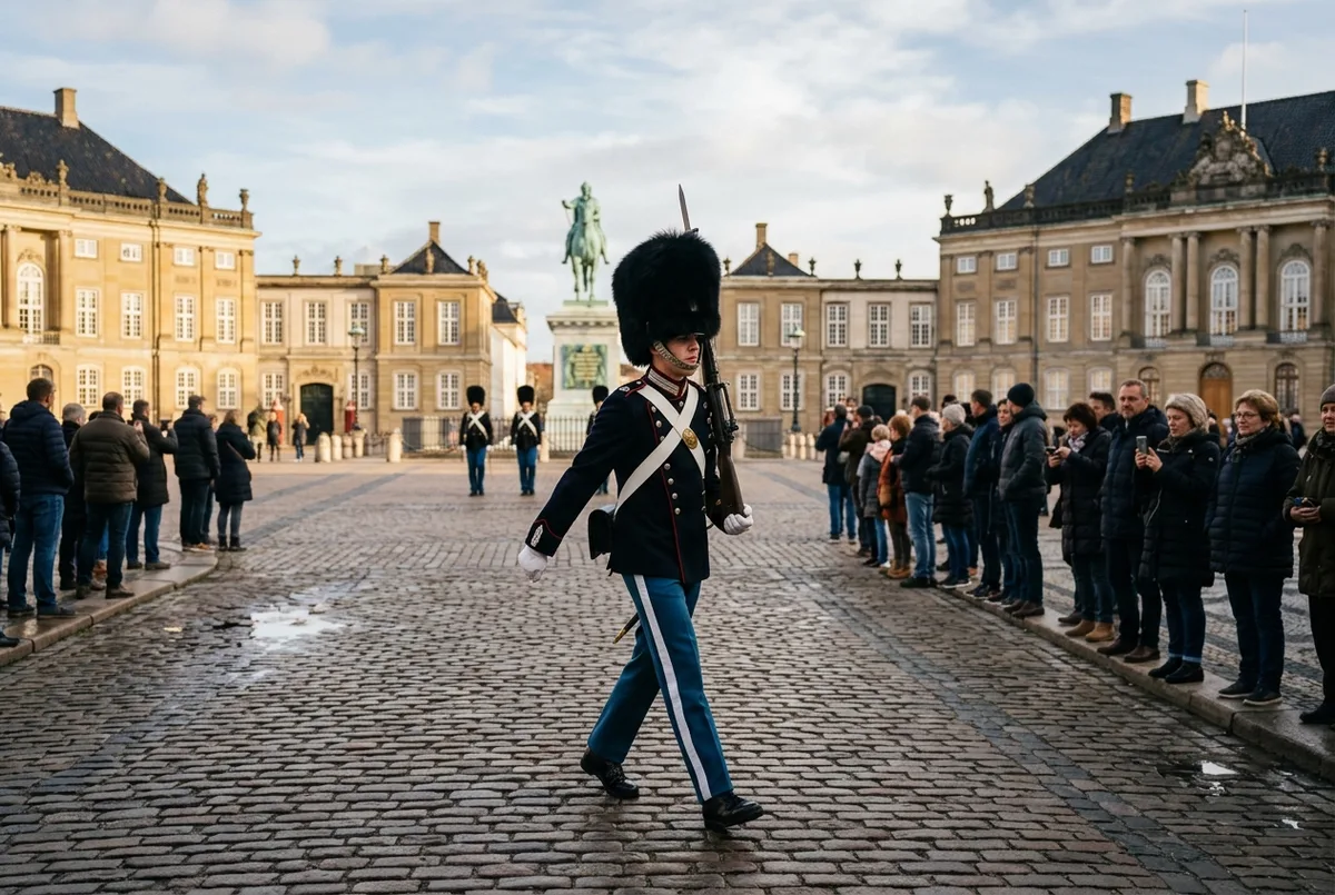 Royal Life Guard in bearskin hat and blue uniform marching across Amalienborg Palace square during the daily changing of the guard ceremony, changing of the guard amalienborg