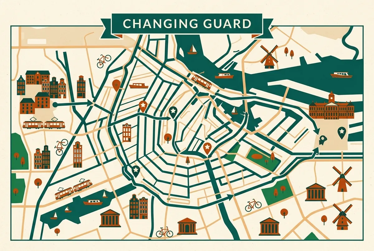 Simple infographic showing the changing of the guard route from the barracks to Amalienborg Palace square with the best viewing spots marked
