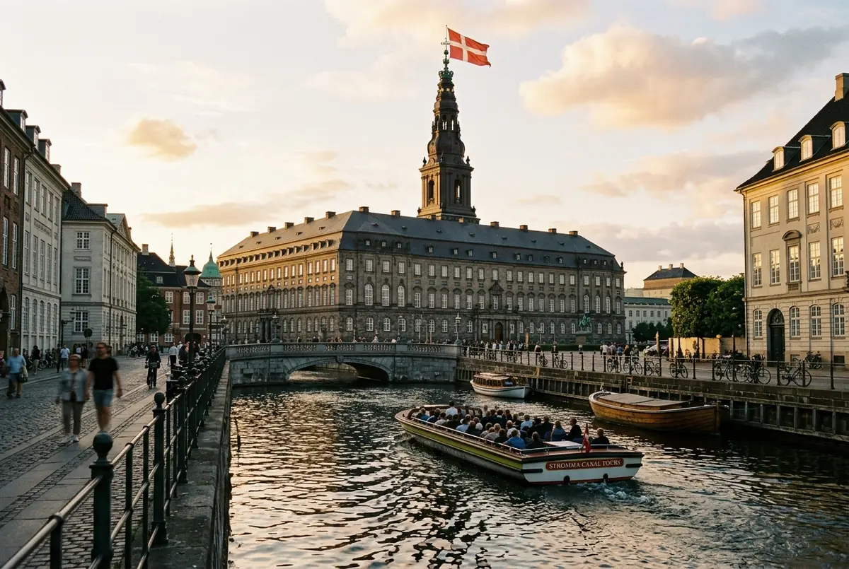 Christiansborg Palace copenhagen tower rising over Slotsholmen island with the Danish flag flying and canal boats passing below at golden hour