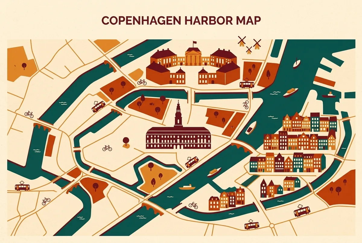 Simple map infographic showing Christiansborg Palace's location on Slotsholmen island relative to Amalienborg Palace and Nyhavn along the Copenhagen harbor front