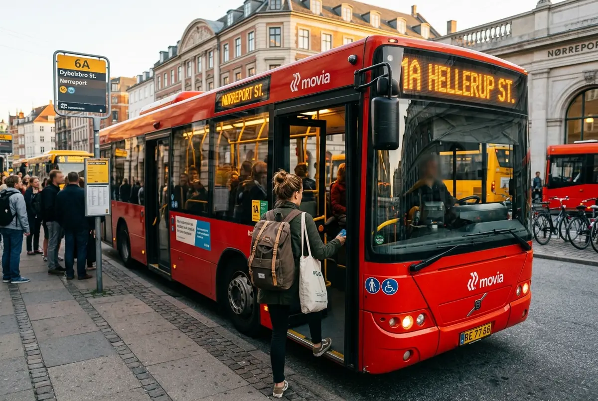Traveler boarding a red Copenhagen city bus at a downtown stop with a digital route number display visible, copenhagen bus