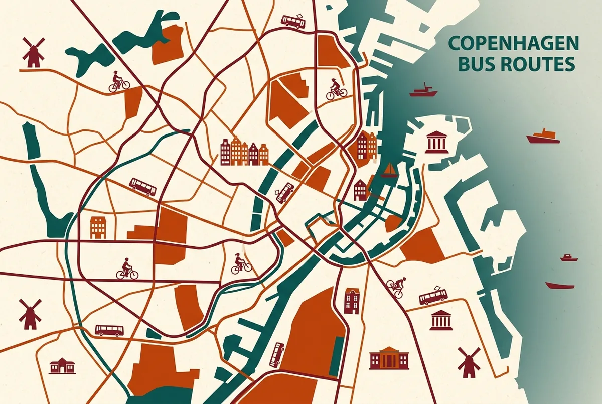 Simple infographic style map showing Copenhagen bus route lines connecting downtown, Nyhavn harbor and the outer neighborhoods