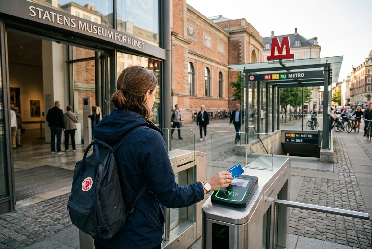 Traveler tapping a Copenhagen Card at a museum entrance turnstile with a metro station entrance visible nearby, copenhagen card transport
