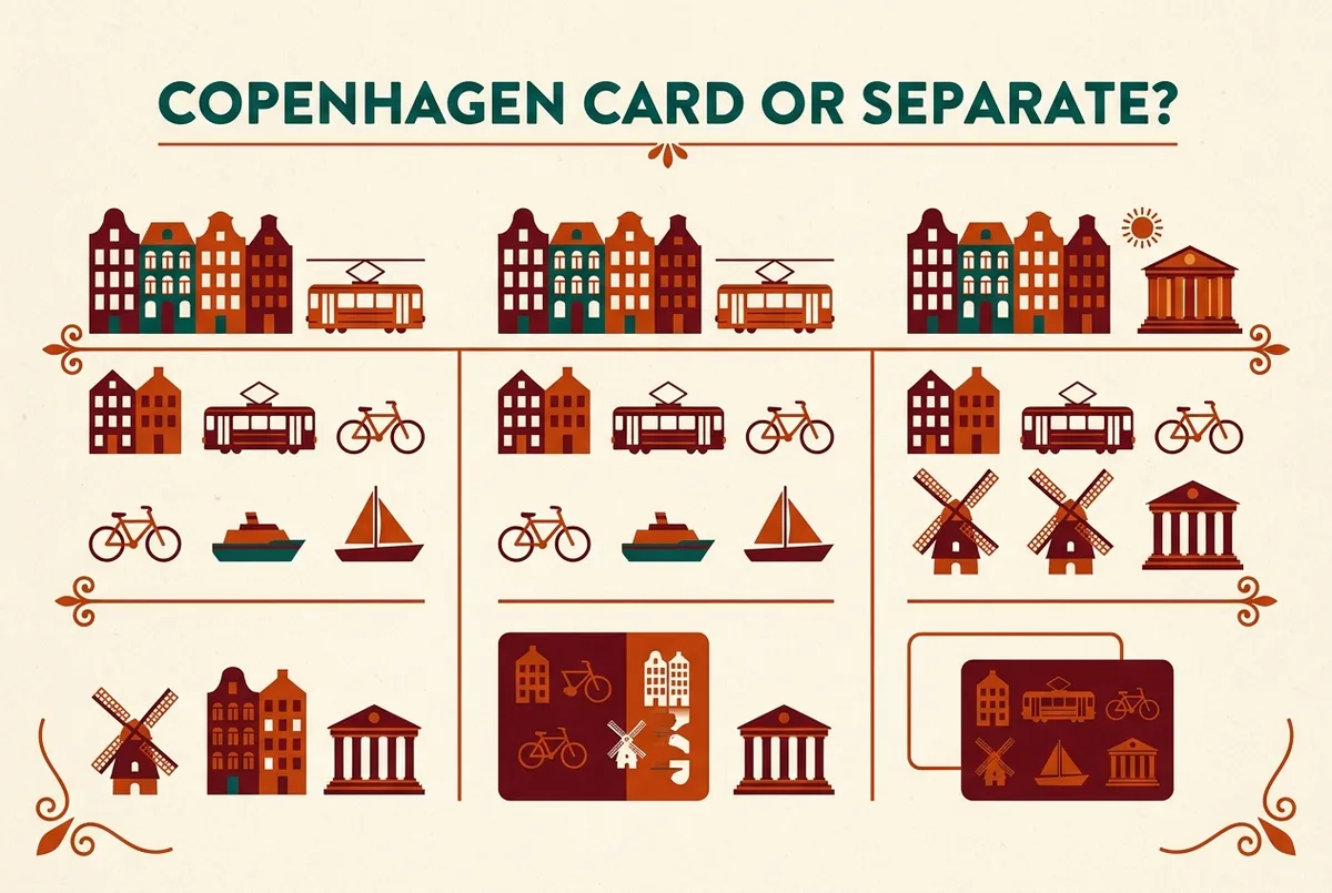 Simple infographic comparing the cost of paying separately versus a Copenhagen Card across a light, medium and heavy sightseeing day