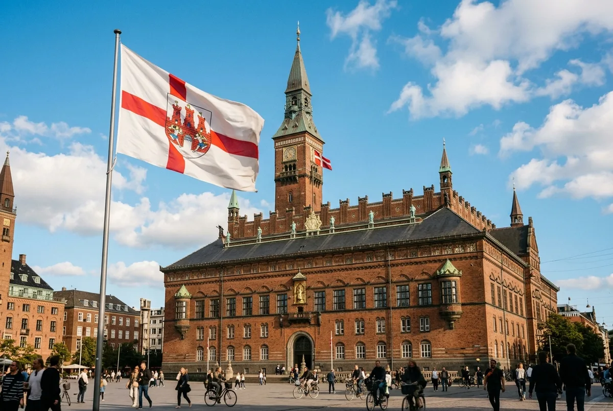 Bandera municipal de Copenhague ondeando junto al ayuntamiento de la ciudad en un día despejado, con el escudo de armas visible en el paño