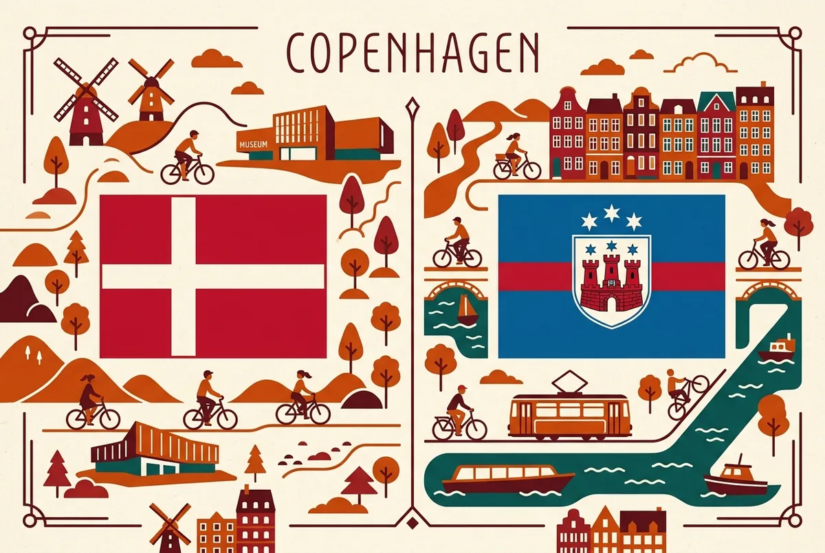 Infografía sencilla que compara lado a lado la bandera nacional danesa Dannebrog y la bandera municipal de Copenhague con su escudo de armas