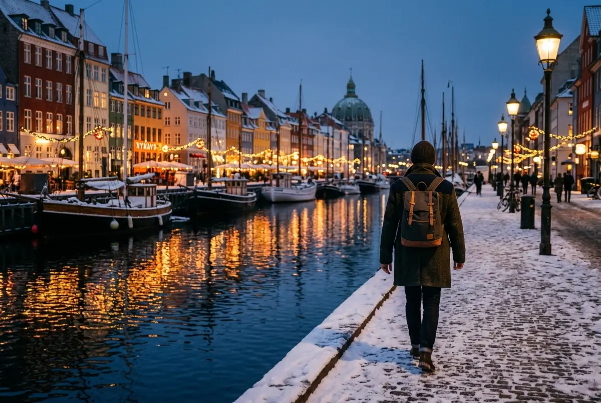 Traveler in a warm coat walking along a snow dusted Copenhagen harbor at dusk with string lights reflecting on the dark water