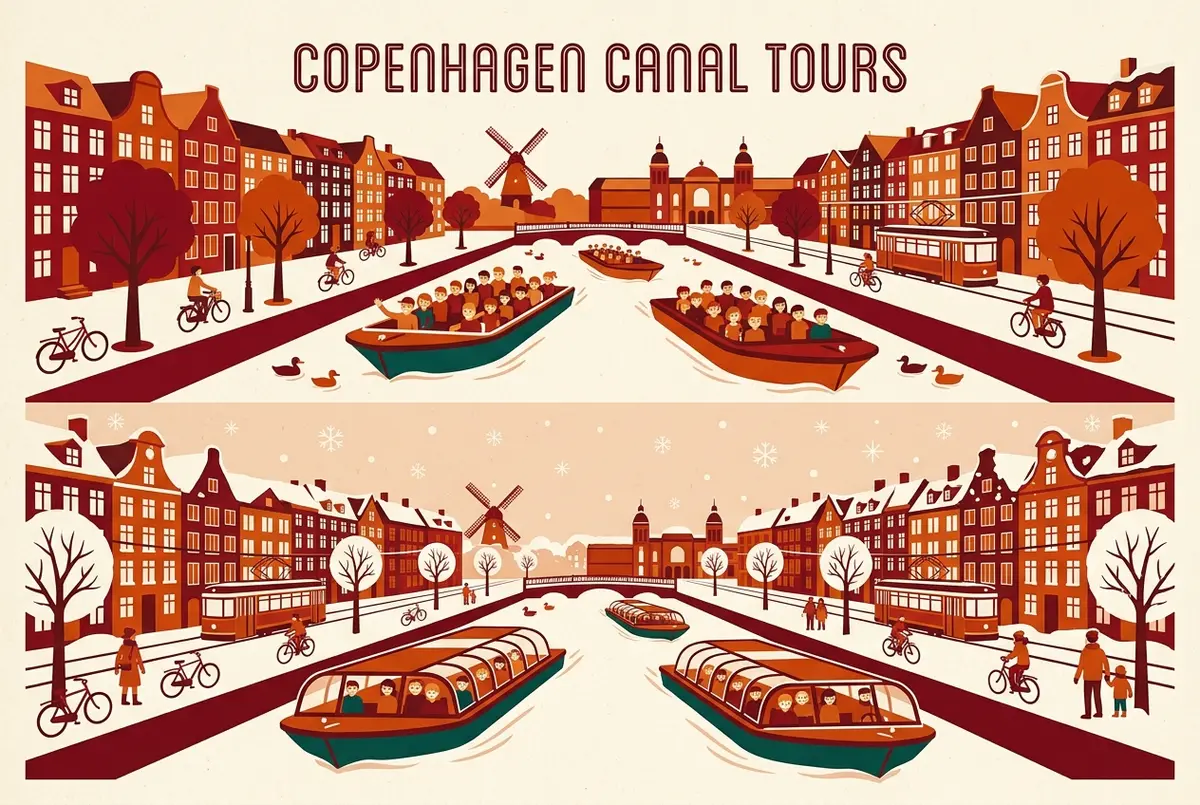 Simple seasonal comparison graphic showing Copenhagen canal tour boats open deck in summer versus covered cabin in winter