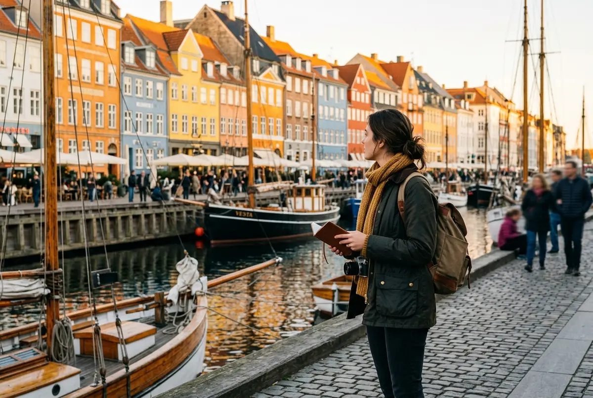 Traveler standing at Nyhavn's colorful harbor front early morning with a paper map, about to start a one day in Copenhagen itinerary