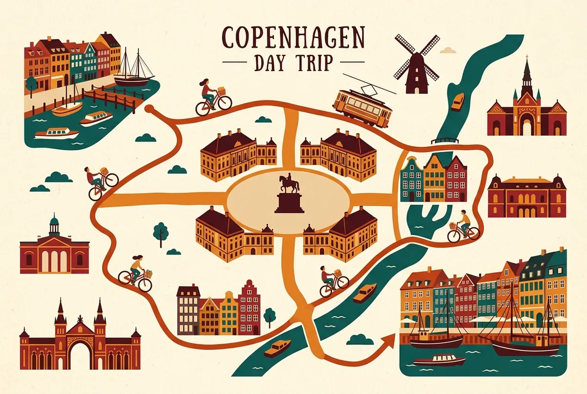 Simple route map showing a one day Copenhagen itinerary from the canal tour dock through Amalienborg Palace to Nyhavn