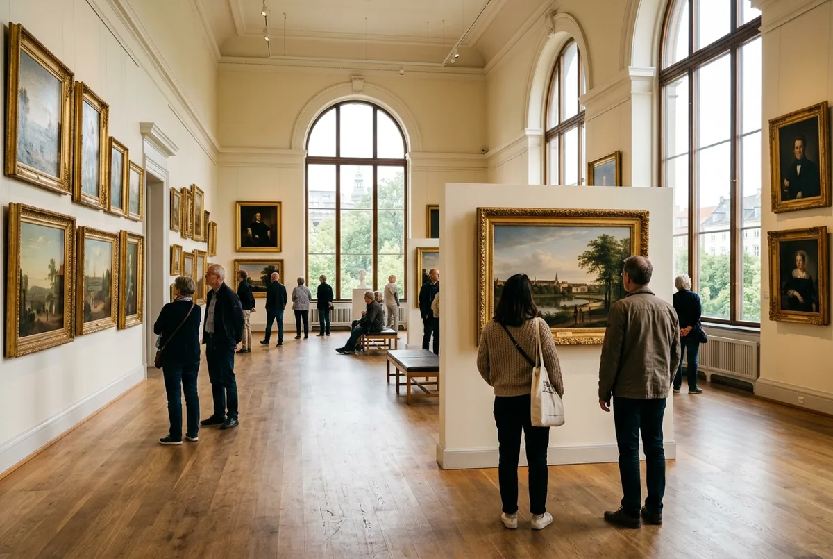 Bright museum gallery interior in Copenhagen with visitors viewing Danish Golden Age paintings and natural light through tall windows, best museums in copenhagen