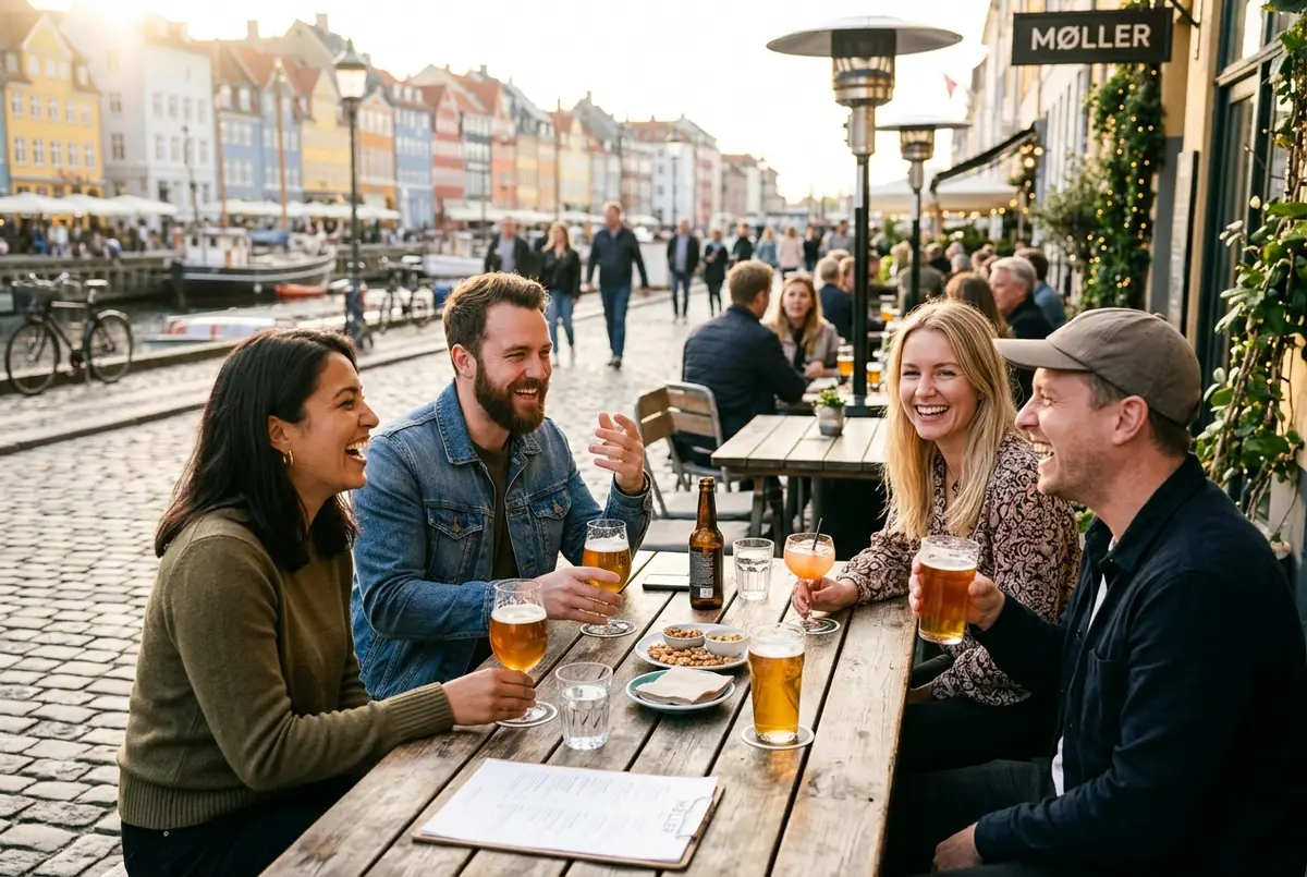 Friends laughing over drinks at an outdoor bar table in Copenhagen's Meatpacking District at night with string lights overhead