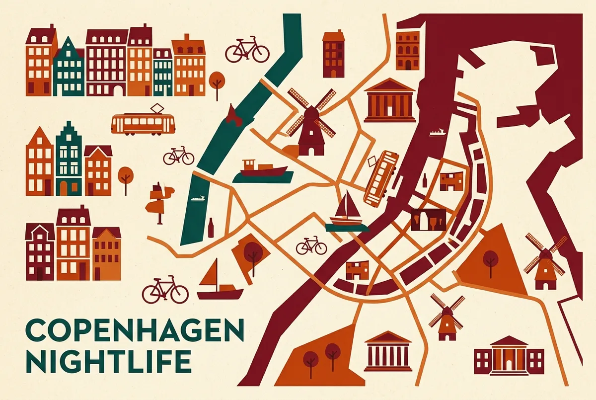 Simple evening map graphic comparing Nyhavn's relaxed harbor bars to the Meatpacking District's clubs and late bars