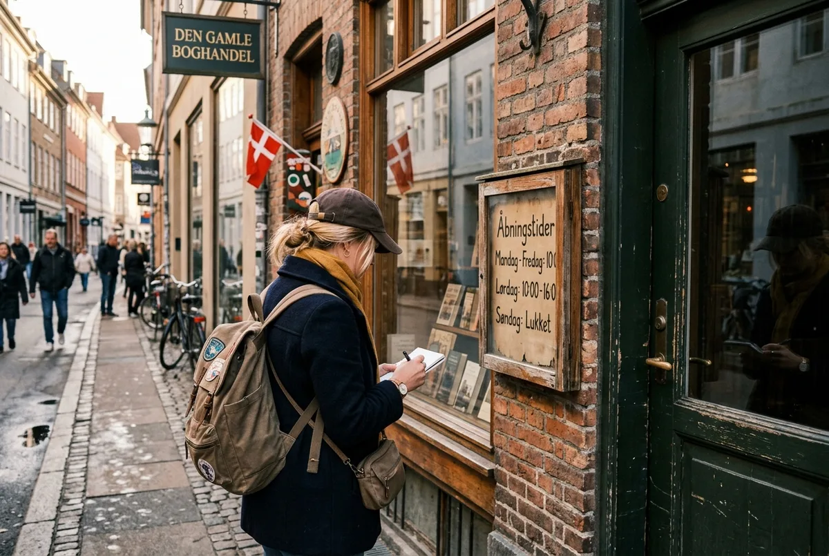 Traveler checking a posted opening hours sign outside a closed shop on Copenhagen's Stroget pedestrian street on a quiet Sunday morning, copenhagen opening hours