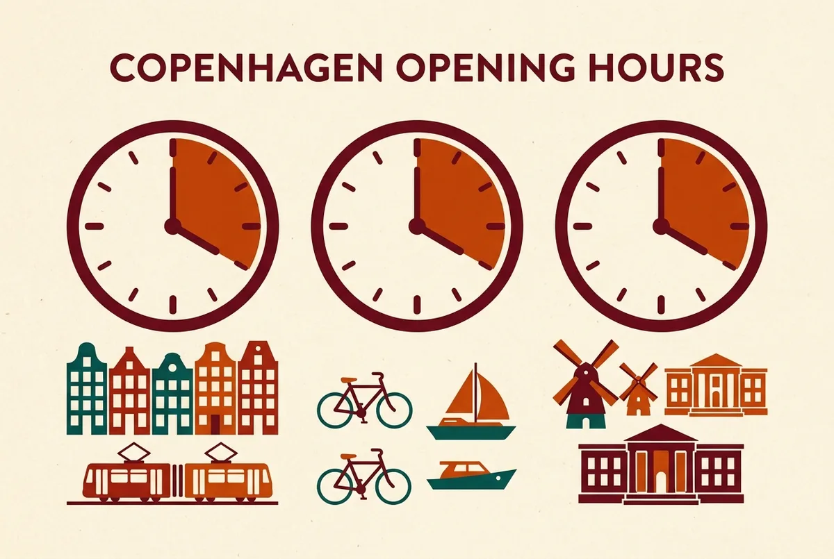 Simple infographic comparing typical Copenhagen opening hours for shops, museums and Sundays with clock icons