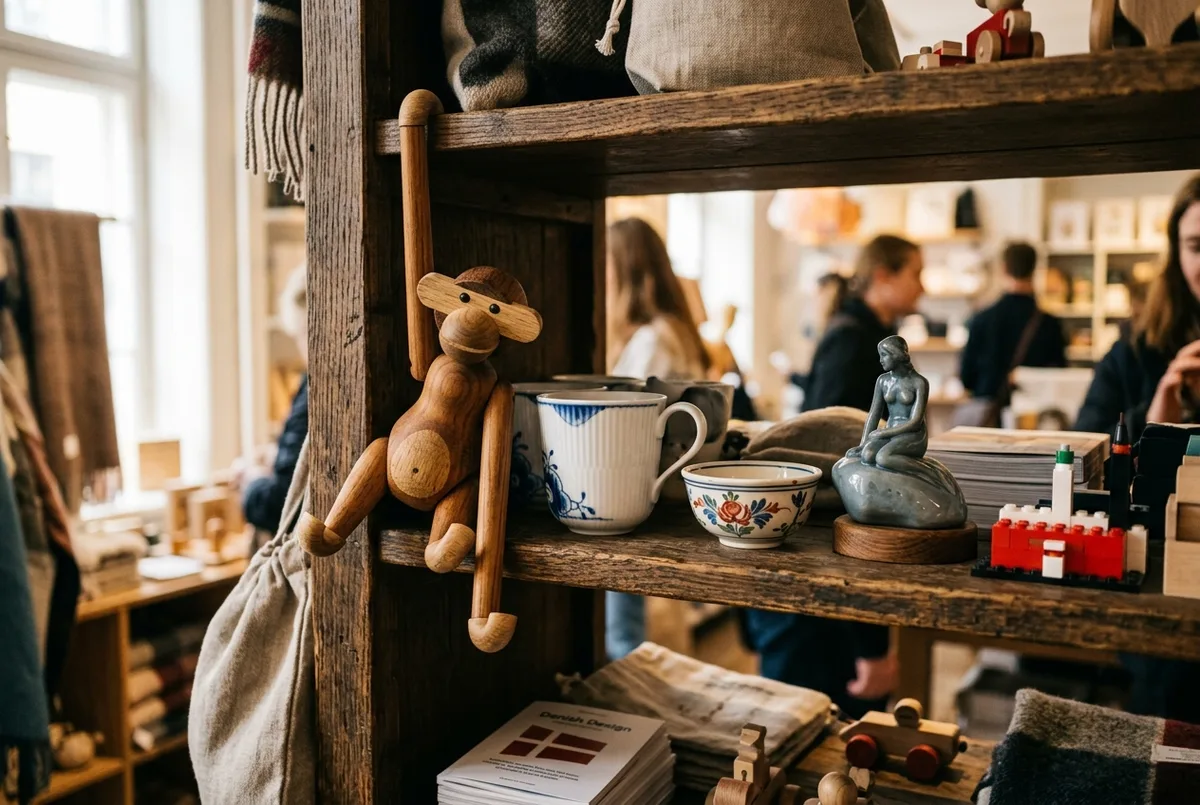 Close up of Danish design souvenirs on a wooden shelf in a Copenhagen museum shop, including a small wooden monkey figure and porcelain, copenhagen souvenirs