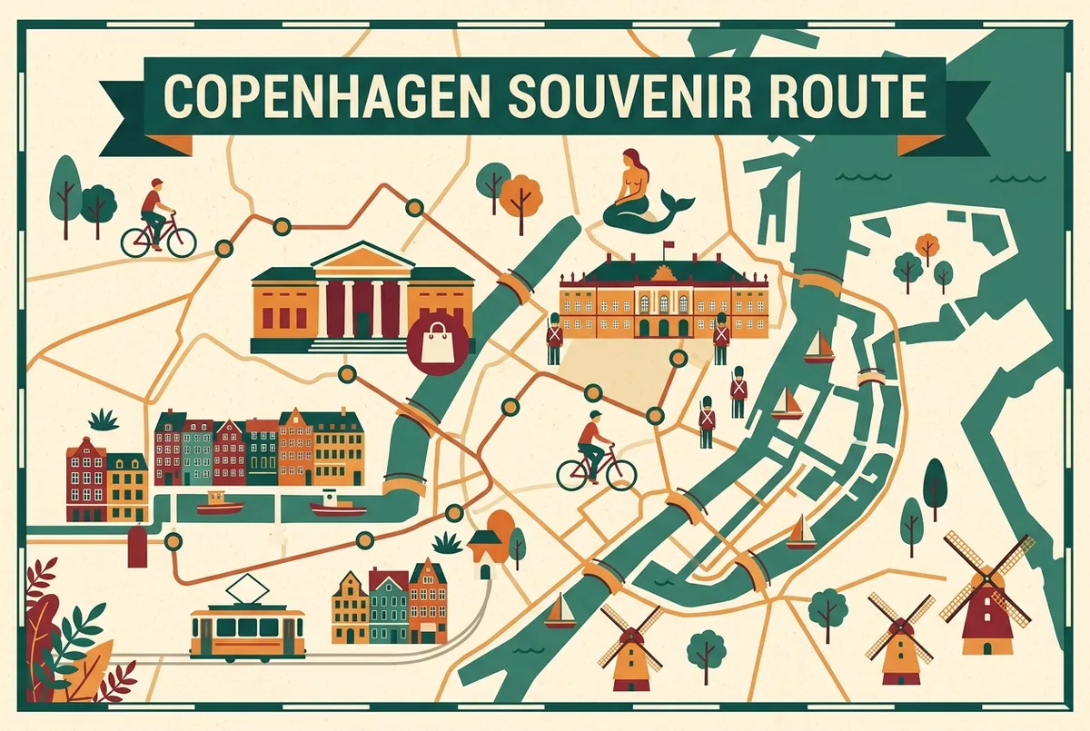 Simple map graphic showing the Designmuseum Danmark shop location near Amalienborg alongside a Little Mermaid statue icon and Nyhavn harbor for a Copenhagen souvenir shopping route