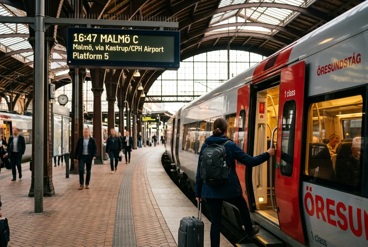 Traveler boarding an Öresundståg train at Copenhagen Central Station with the platform departure board showing Malmö, copenhagen to malmo day trip
