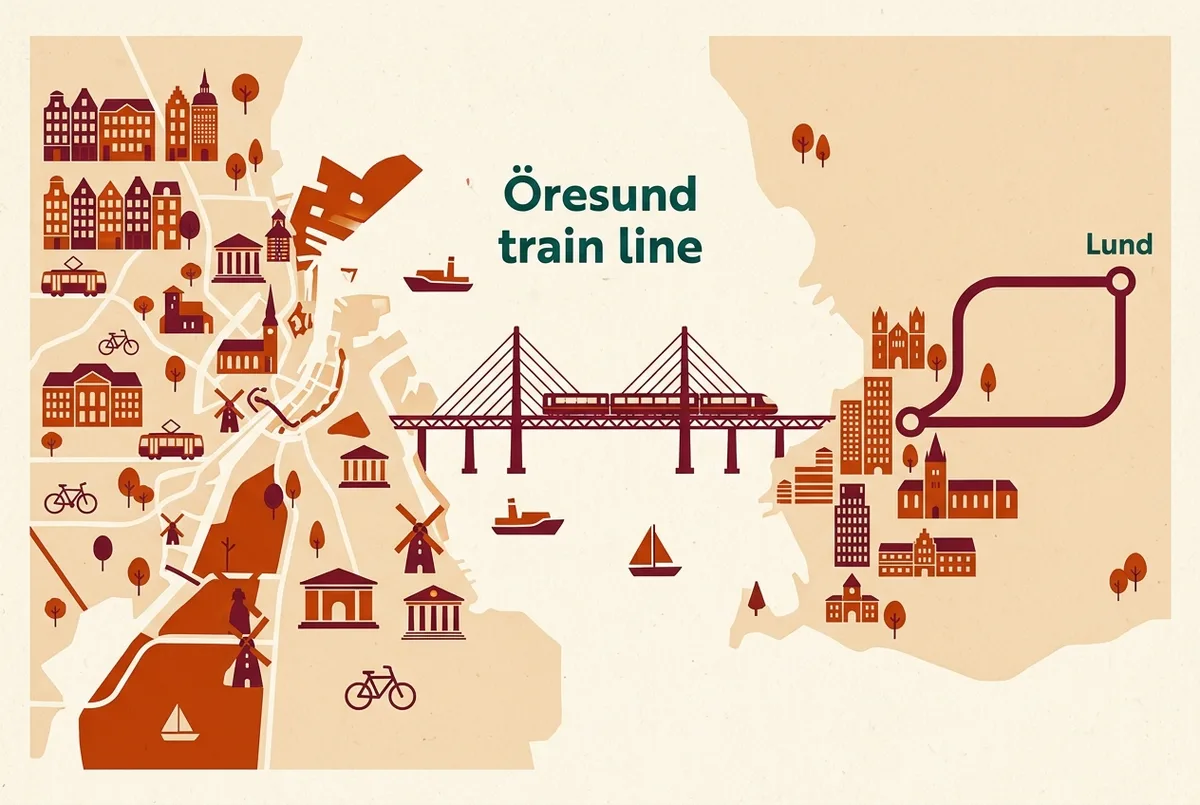 Simple route map showing the Öresund train line crossing the bridge between Copenhagen and Malmö, with Lund marked further along the line