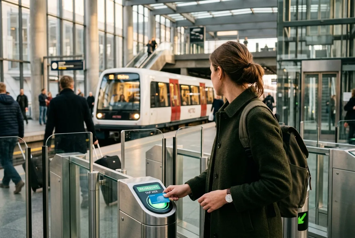 Traveler tapping a Rejsekort transport card at a Copenhagen Metro gate with a train arriving in the background, copenhagen public transport