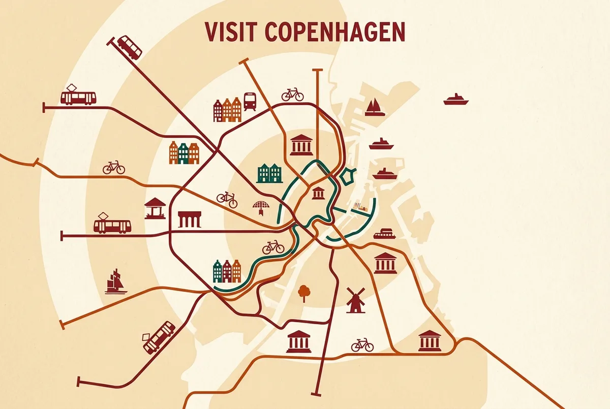 Simple infographic map of Copenhagen's zone based transport rings showing the Metro, S-train and harbor bus routes radiating from the city center
