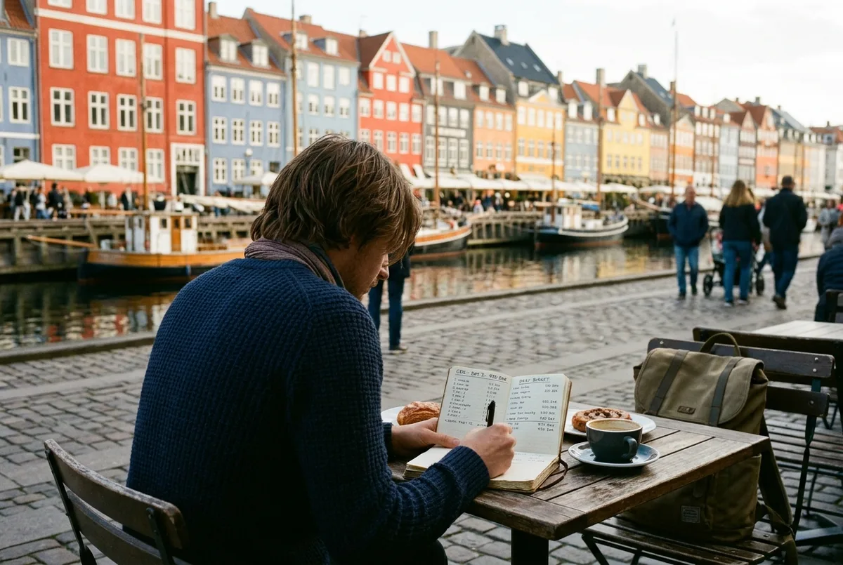 Traveler reviewing a small daily budget notebook at an outdoor Copenhagen cafe table near colorful Nyhavn harbor houses, copenhagen cost per day