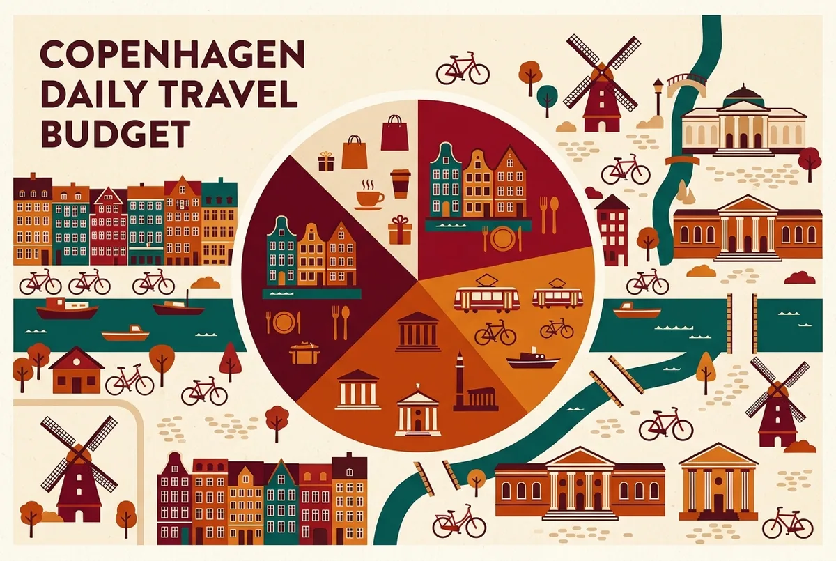 Simple infographic pie chart breaking down a typical Copenhagen daily travel budget into food, transport, attraction and extras categories, generic labels only