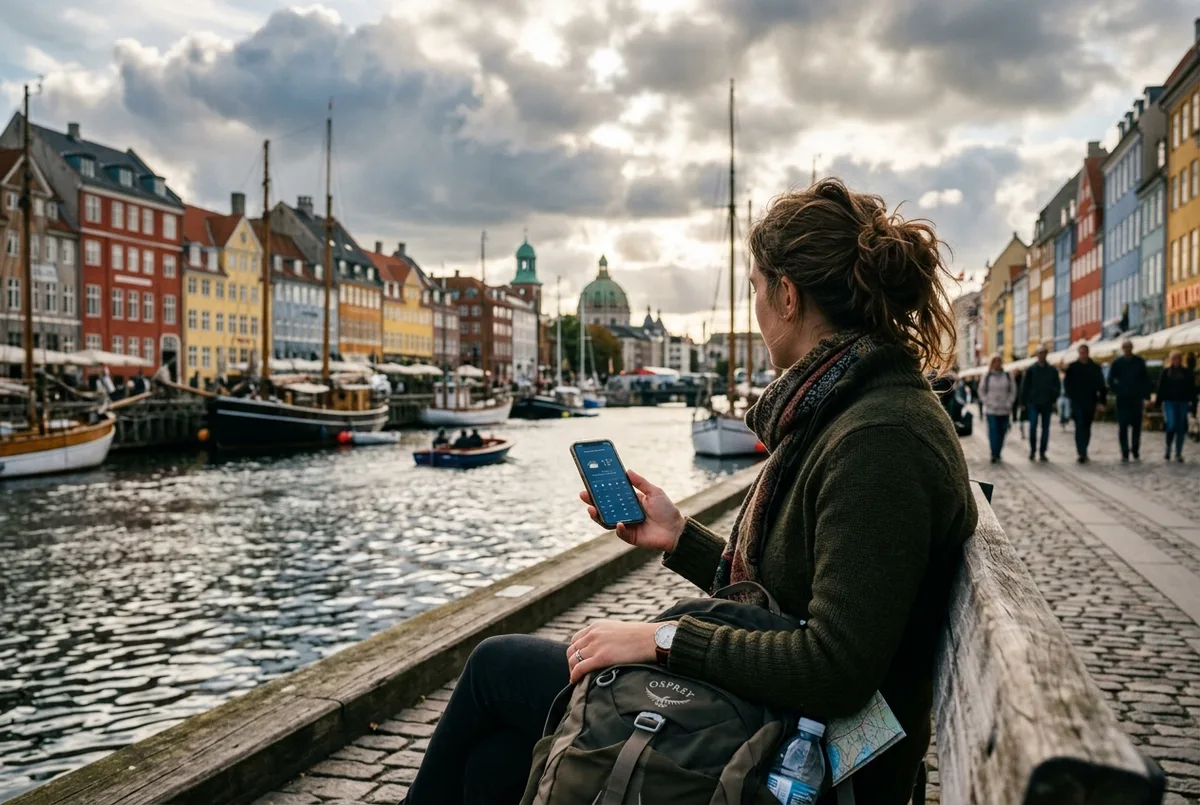 Traveler checking a phone weather forecast on a Copenhagen harbor bench with changing clouds over the water, copenhagen weather