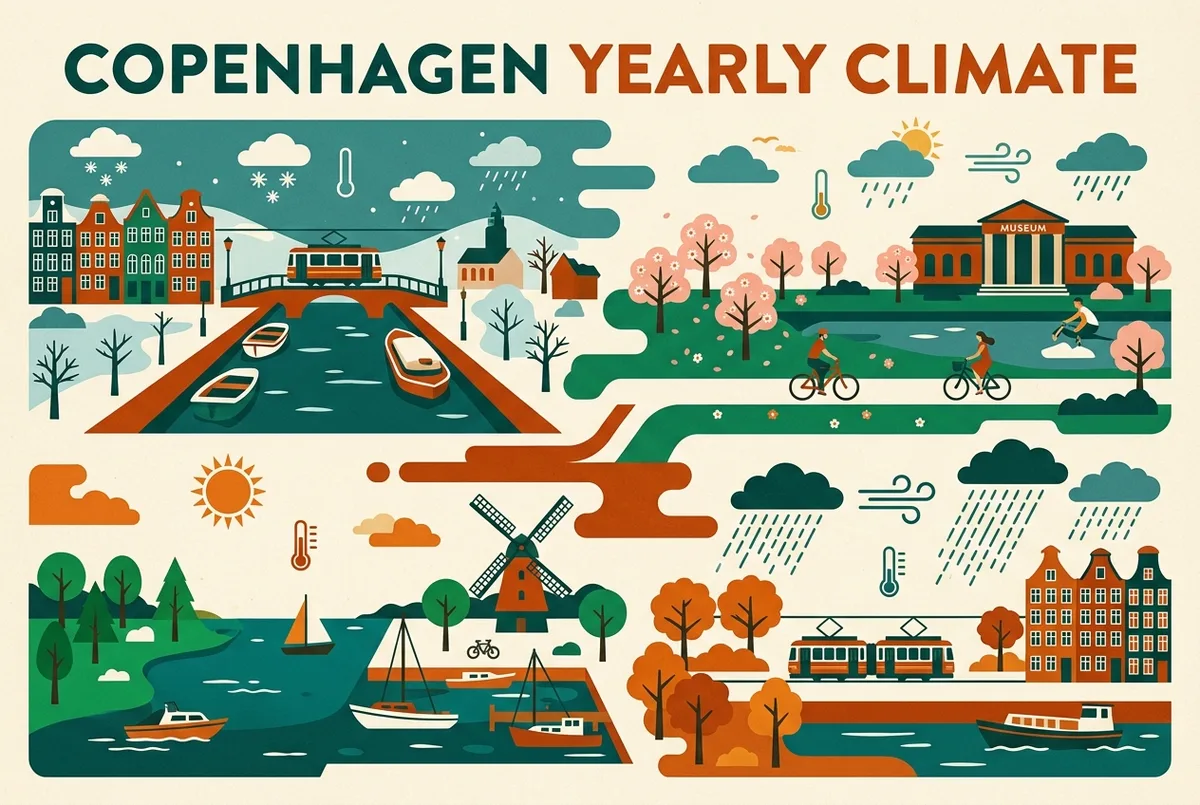 Simple climate infographic showing Copenhagen's typical temperature range and rainfall pattern across the four seasons