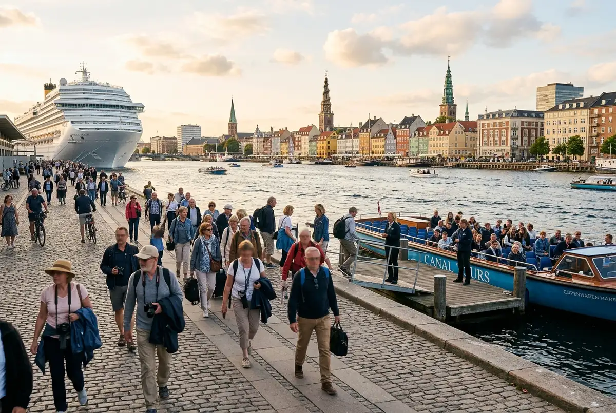 Cruise ship passengers walking from a Copenhagen cruise terminal toward a waiting canal tour boat with the harbor skyline behind them, copenhagen tours from cruise ship
