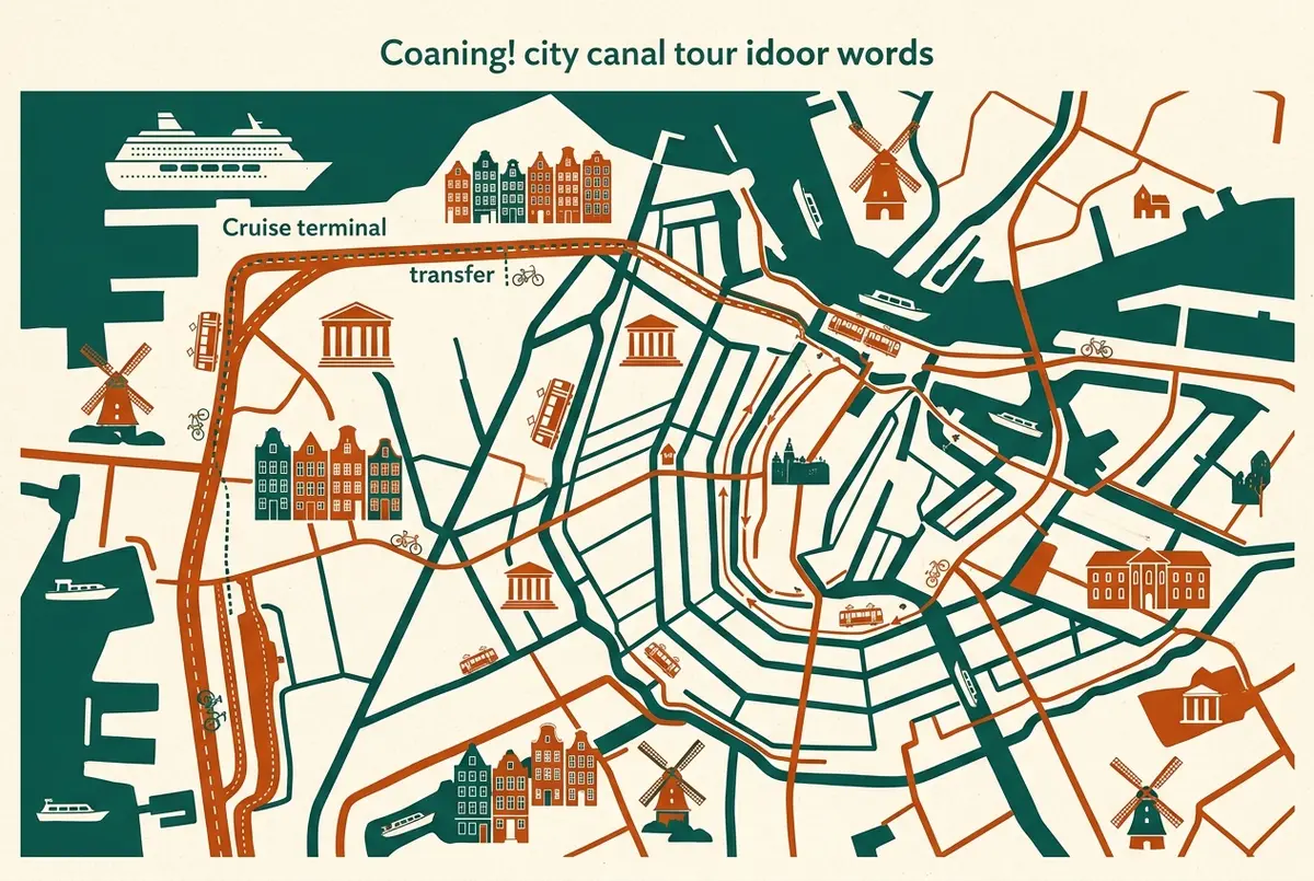Simple infographic map showing a Copenhagen cruise terminal, the transfer route to the city center dock and a canal tour loop, labeled generically