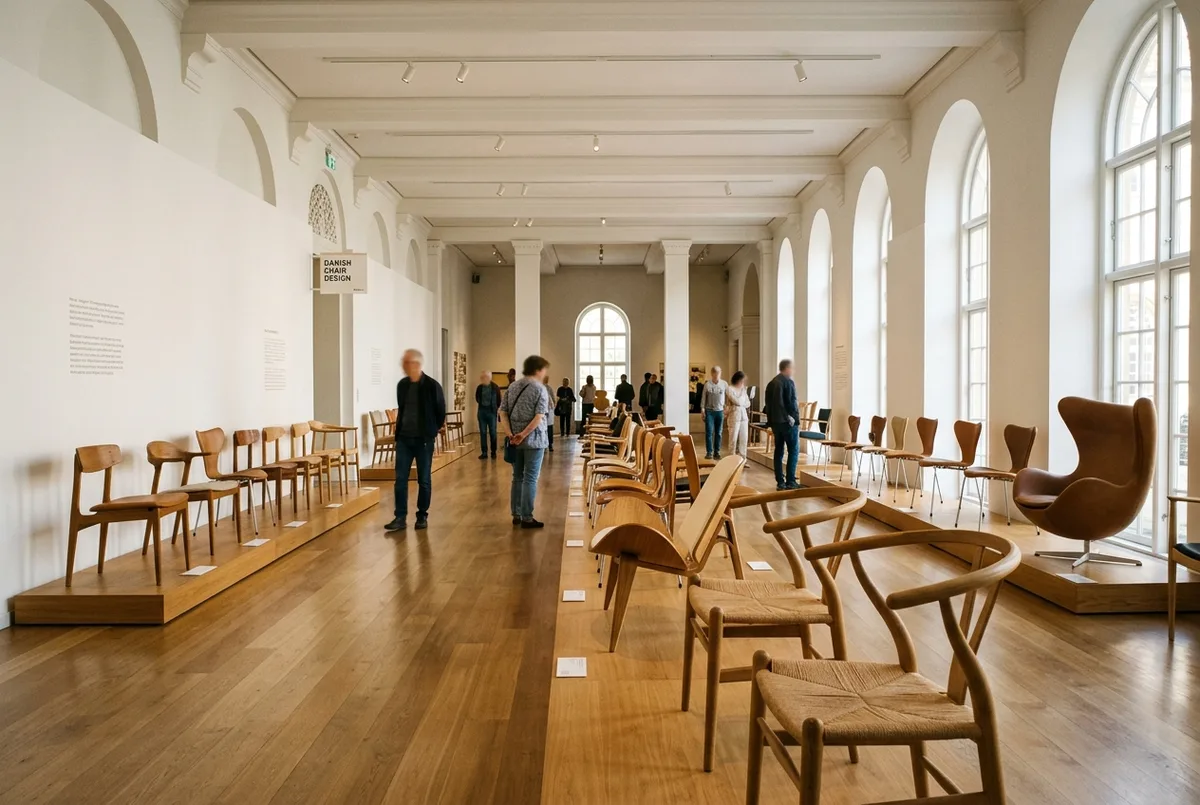 Bright gallery hall inside Designmuseum Denmark copenhagen with rows of iconic Danish chairs displayed against white walls and natural light