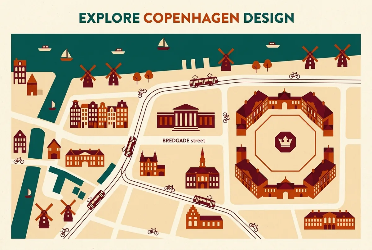 Simple infographic map showing Designmuseum Danmark's location on Bredgade street relative to Amalienborg Palace and the Copenhagen harbor front